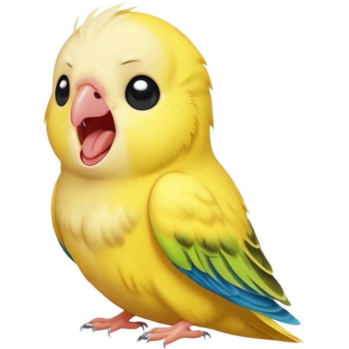 Cinematic Cute Yawning Yellow Budgie Portrait Emoji, Head tilted slightly with a dramatic, wide-open yawn, showcasing a soft, downy yellow feathered fur with gently drooping wings, round dark eyes barely open in drowsy contentment, Simplified yet irresistibly adorable features, highly detailed, glowing with a soft, cozy glow, high shine, relaxed yet expressive, stylized with a touch of whimsy, bright and endearing, soft glowing outline, capturing the essence of a sleepy yet affectionate budgie, so drowsy it feels like it could stretch out of the screen and curl up for a nap! emoji