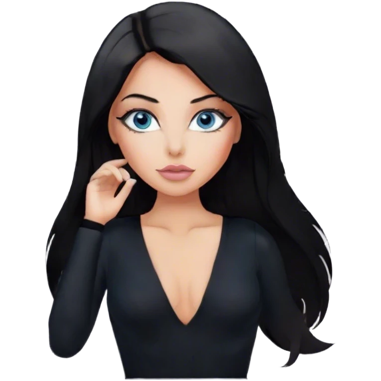 Glamours make-up, tanned, beautiful, girl, with blue eyes, big pump peach-beige-rose lips, eyeliner, long lashes, black straight smooth silky long hair, parting hair in the middle,  in black v-neck bodysuit long sleeves emoji