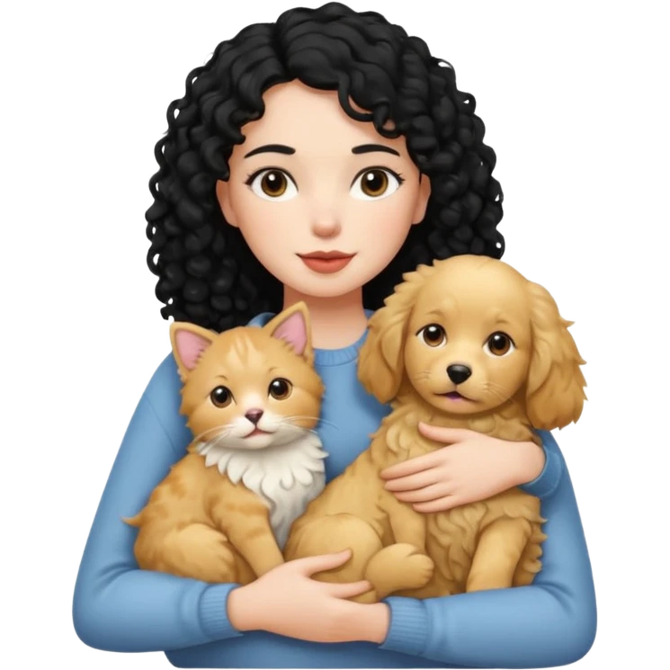 Moça branca com cabelo cacheado preto. Com um gato e um cachorro no colo emoji