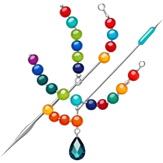 Create a harmonious and well-composed icon that represents the hobby of beadwork. The design should feature colorful beads, thread, and a beading needle or tool in a balanced arrangement. The elements should flow naturally, reflecting the creativity and precision of the craft. Ensure the composition is clean and aesthetically pleasing, with vibrant yet balanced colors. The background should be transparent. emoji