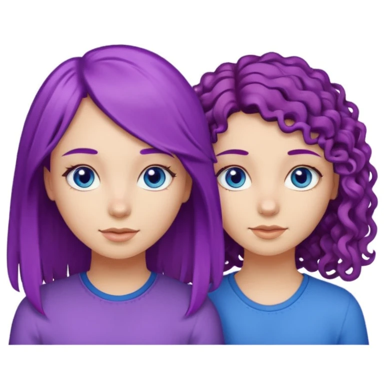 Two girl, best friends, one with purple straight hair and blue eyes, the other with curly brown hair with highlights and brown eyes emoji