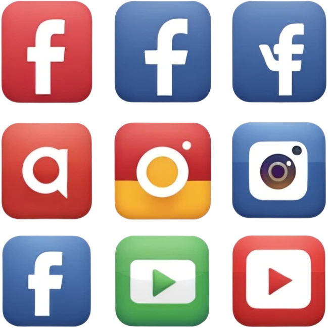 Socail media sauare emoji style icons 
Creat the quadrant with the logos of F.B, X, Trustpilot, Instagram, Youtube, Linkedineach icon is ther only ones, asme size, only icons of the social media that I mentioned only 6 icons emoji