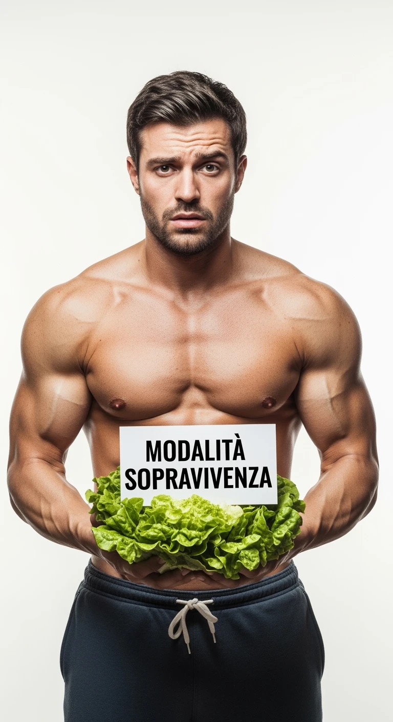bodybuilder molto stanco e stressato con un insalata in mano, nell'insalata c'è un cartello con scritto "MODALITà SOPRAVVIVENZA", ISOLATO SU SFONDO BIANCO emoji