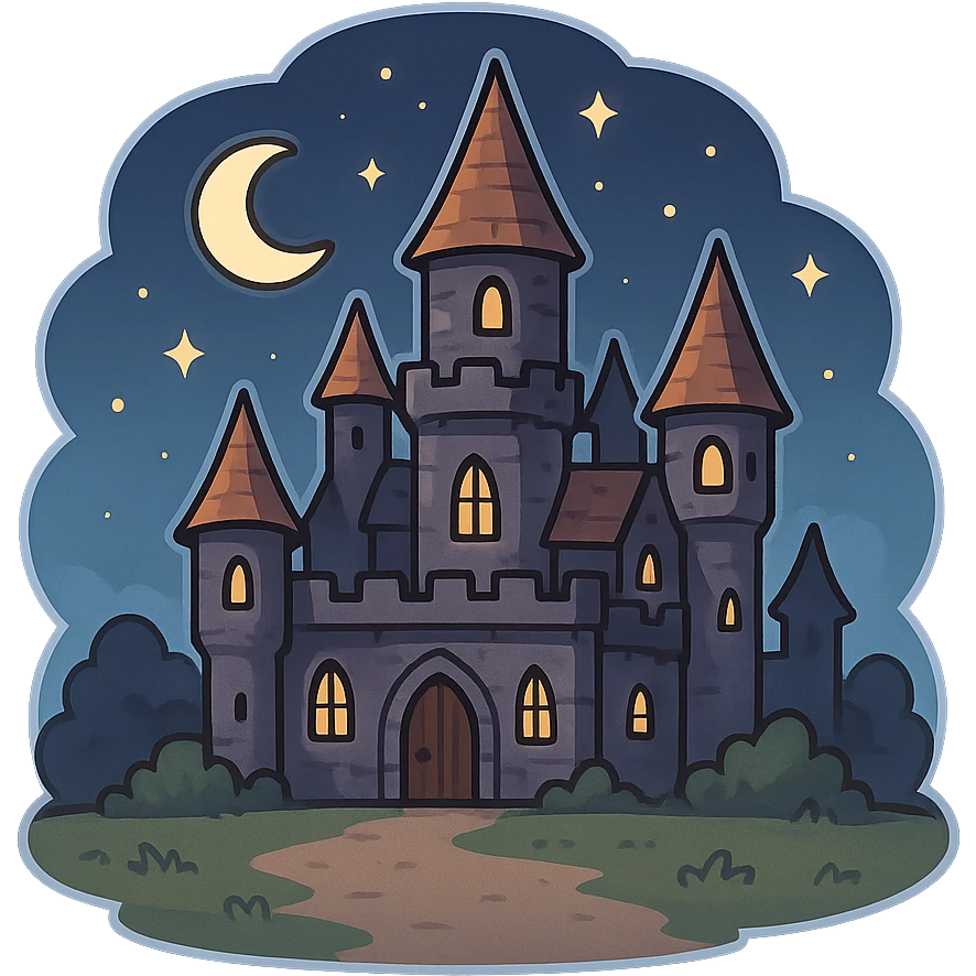 一个万圣节古堡，中间有一片空地，夜晚，星空 emoji