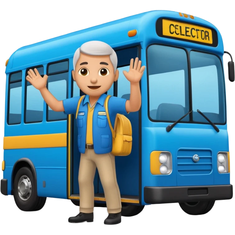 3D emoji of a Peruvian bus fare collector (“cobrador”), leaning out of a urban blue bus. door calling passengers, dynamic pose, urban street vibe, vibrant colors, bold outlines, sticker illustration, transparent background emoji