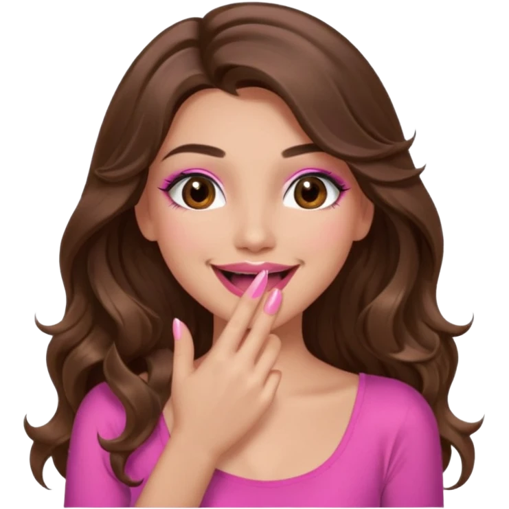 girl with long wavy brown hair, brown eyes, long lashes makeup, pink lips, light to medium complexion, pink sexy top, smiling, hand covering the mouth, giggling emoji