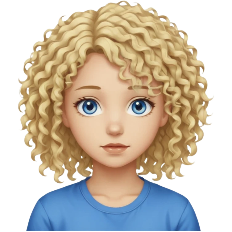 This is a 2D digital anime-style portrait of a female, caucasian, 29 years old light skin. The person has messy stray blond curly hair, round blue eyes.  emoji