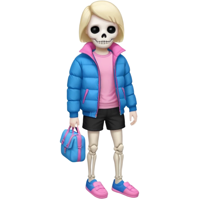 A skeleton with a white shirt blue puffer black shorts and pink slippers emoji