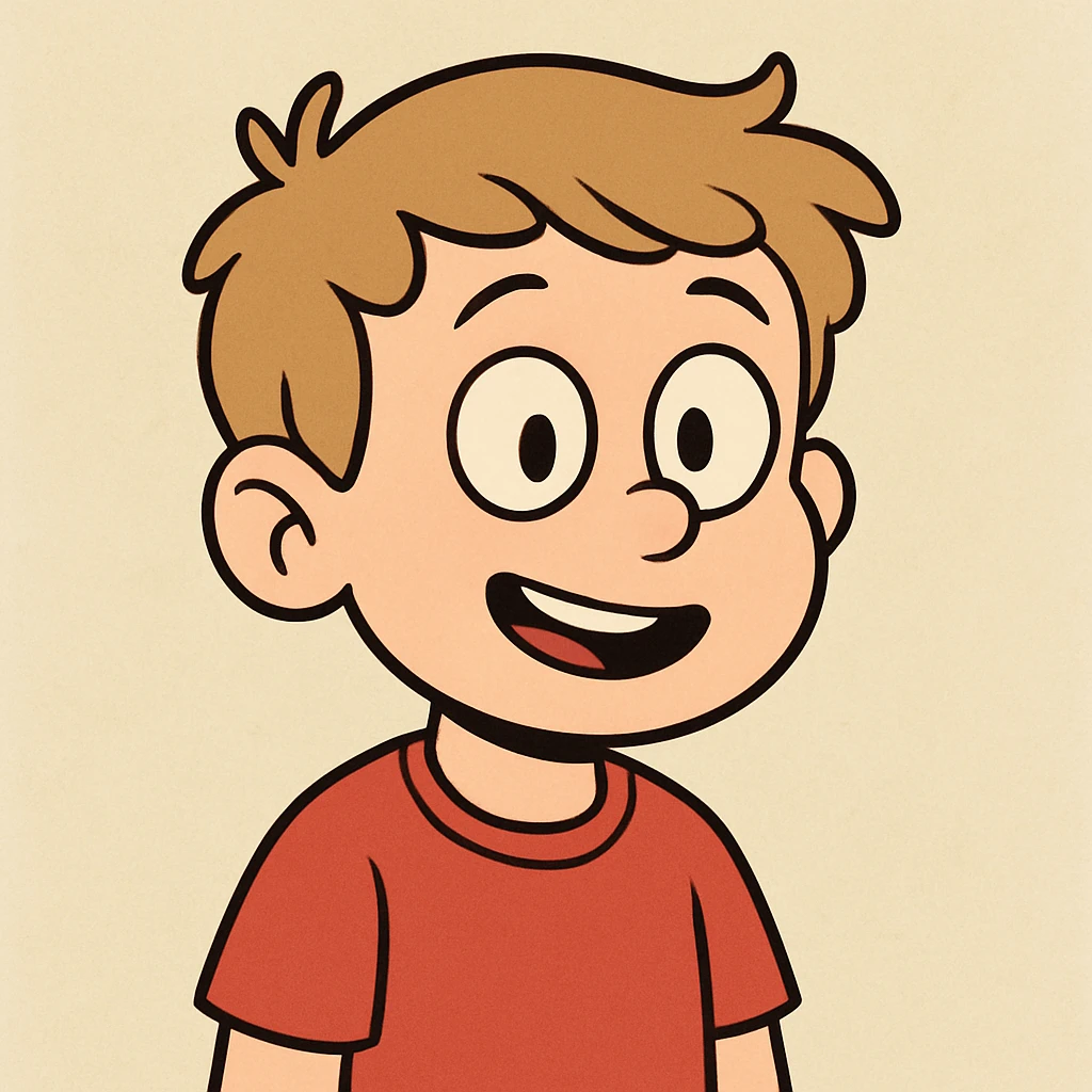 little boy with brownish blonde hair, wearing a red shirt, friendly expression, simple background, cartoon style emoji