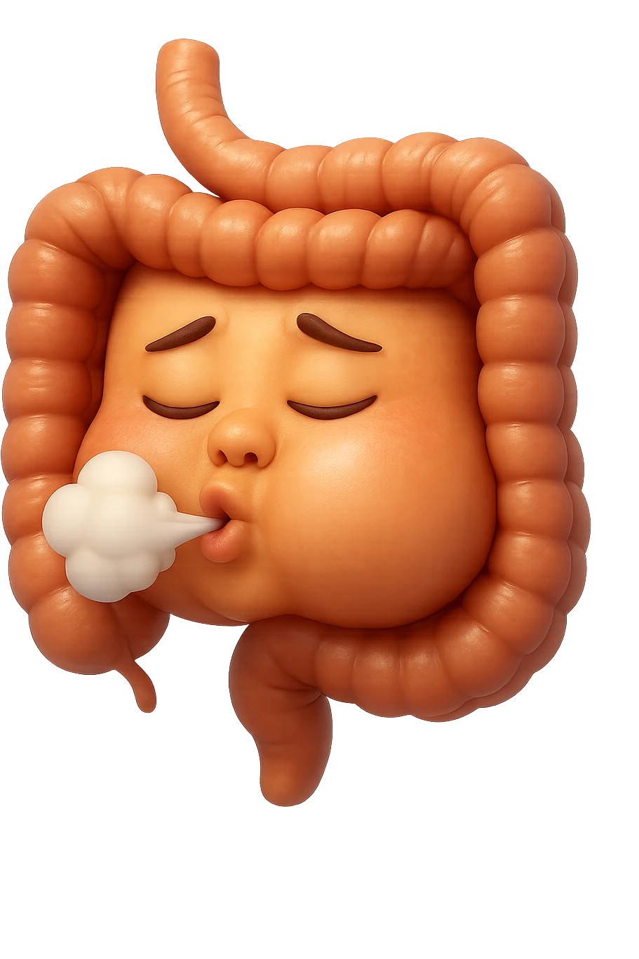 emoji stile iphone di un intestino che ingoia una nuvoletta di aria ben visibile e gli si gonfia la pancia, non fargli il naso, iperrealistico 4k emoji