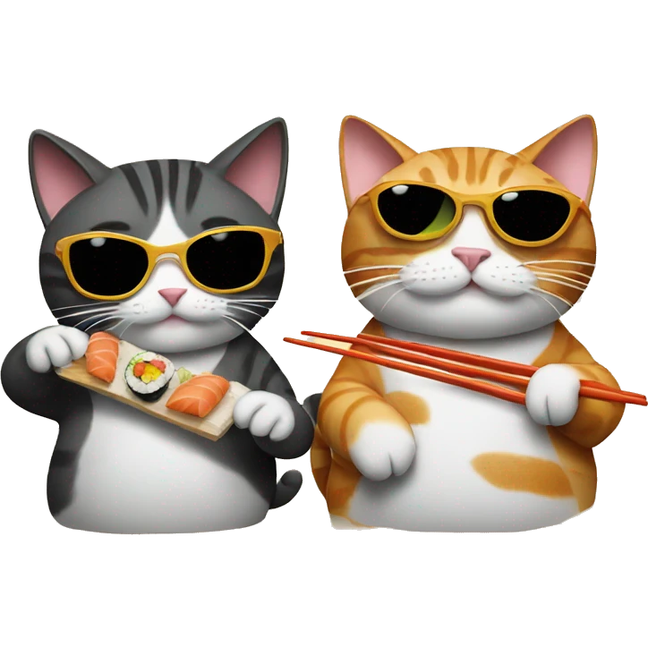 two cats wearing sunglasses and eating sushi emoji