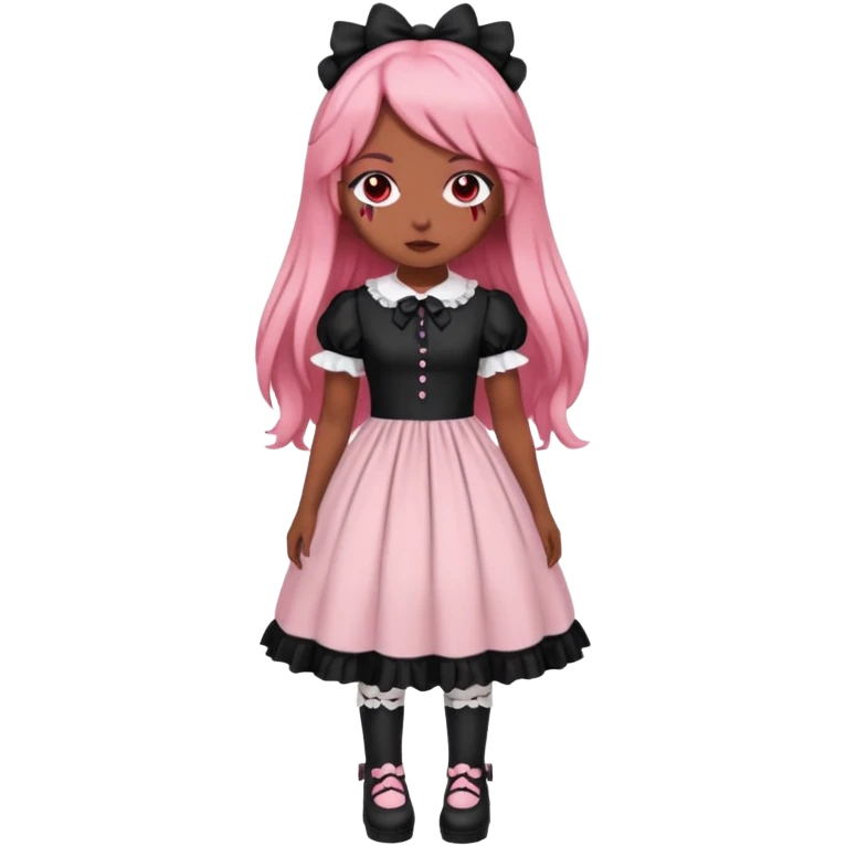 Vestido rosa pastel y negro gothic lolita, cuerpo completo, color de piel morena, pelo largo, pelo de color rojo y negro emoji