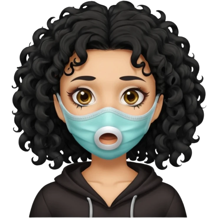 a pretty tan bratz girl with black curly hair. no makeup, looking sick, wearing a mask, coughing. sunken face emoji