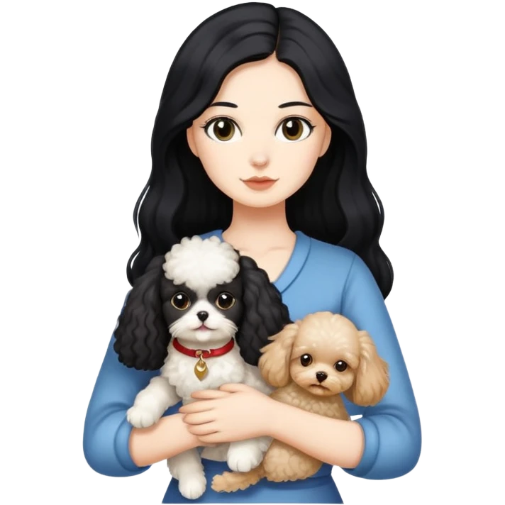 Lady with long black hair, holding 2 animals -a Ragdoll cat and a small poodle dog emoji
