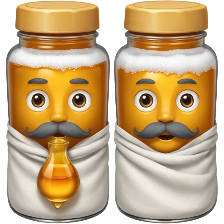 Garama and Madundung are together a gray container of salt and a honey container with a cloth on top. They each have eyes with white in the middle, a mouth, nose, and mustache both customary to their colors. They have hairy legs and emit an aura of salt (Garama), and honey (Madundung). emoji