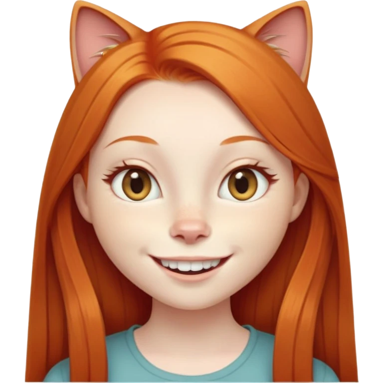 traditional emoji of young girl with very pale skin, long straight bright ginger red hair, cat-like almond-shaped eyes that are angled upward, wide flat nose, big smile with very large prominent teeth showing, classic round face emoji