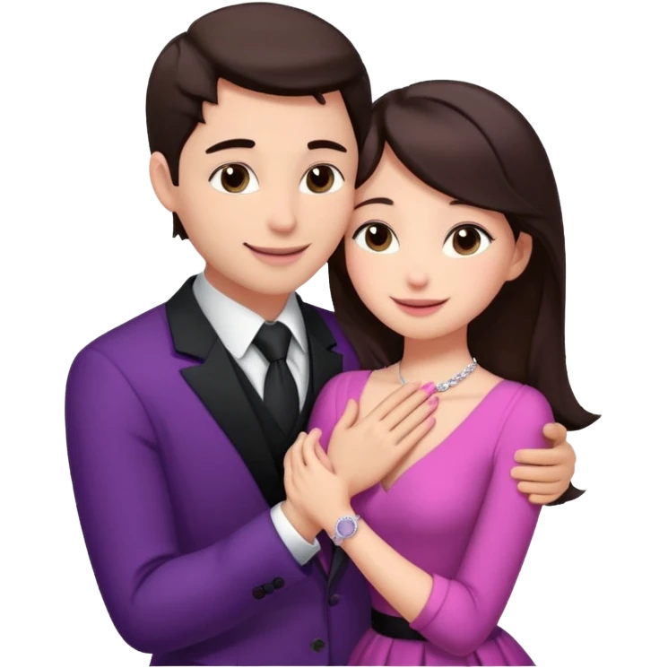 Brunette girl, with an engagement ring on her finger hugging a handsome man, (her boyfriend) both of them happy, she’s wearing a pink dress, he is wearing a black suit, he’s also a rich businessman, and there is the 💜 purple heart emoji on top. They look in love with each other.  emoji
