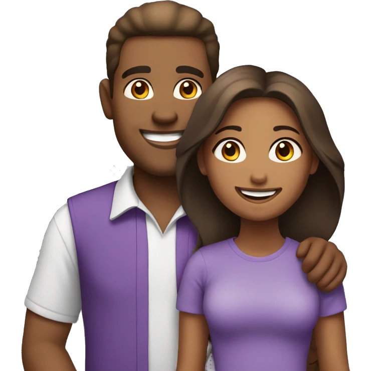 Brownskin girl with white man smiles in purple shirts emoji
