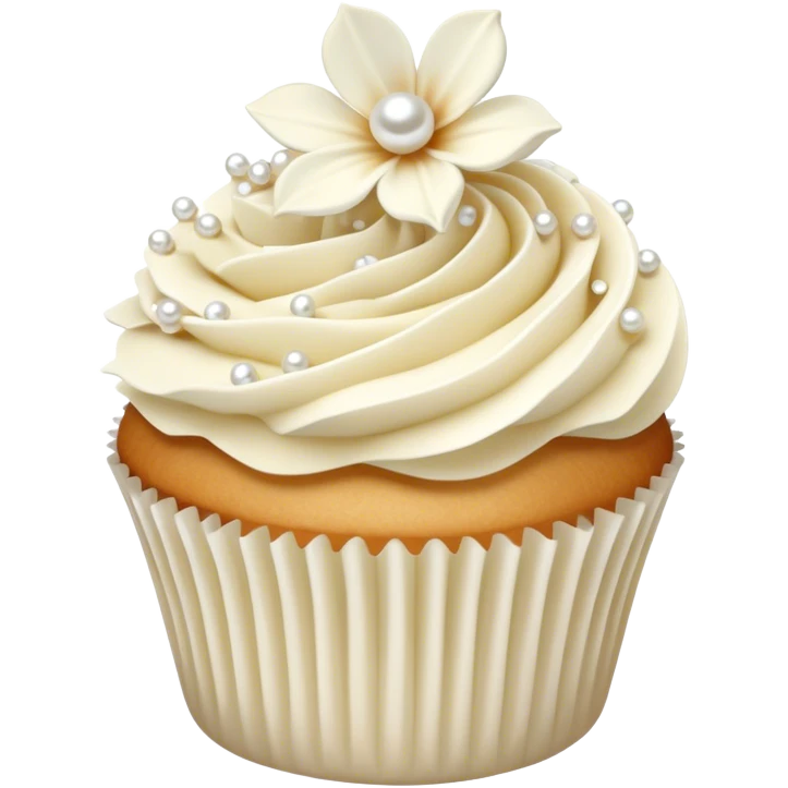 Realistic white and cream wedding cupcake with vanilla icing, sugar flowers, pearls  emoji