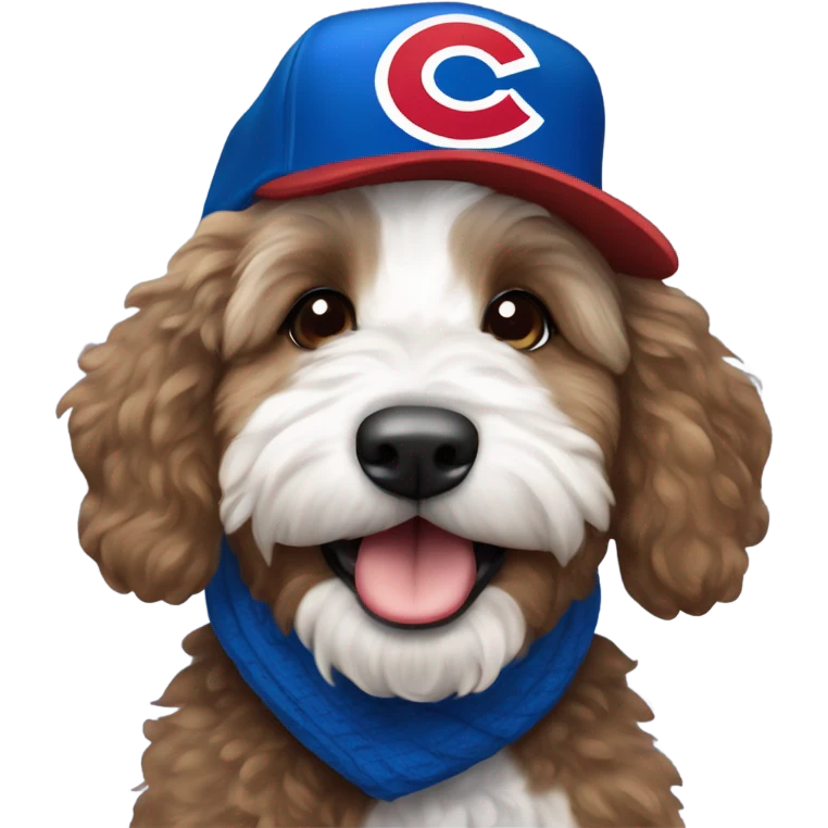 Bernedoodle with chicago cubs hat and scarf emoji