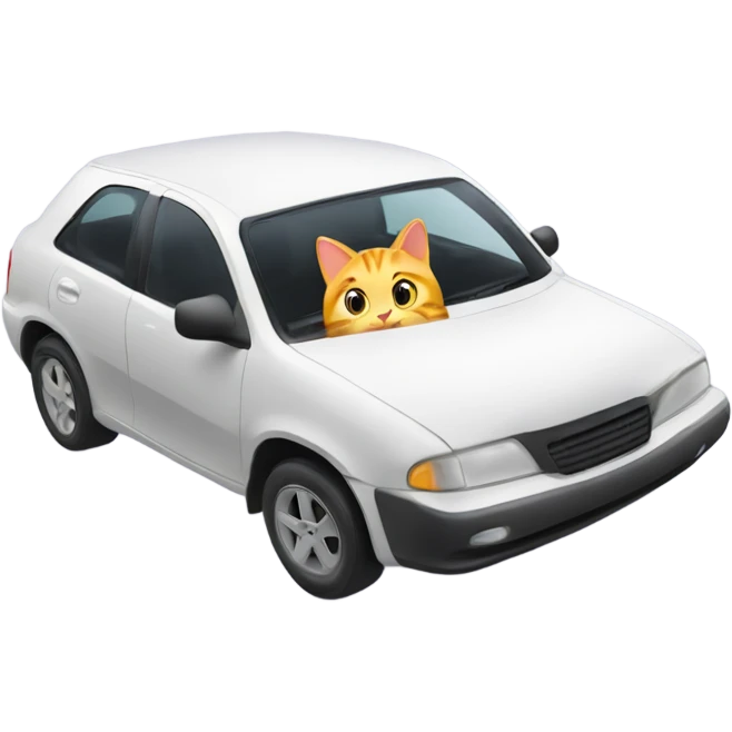 A cartoon emoji-style car with a curious cat peeking out from the open hood of the engine compartment. emoji