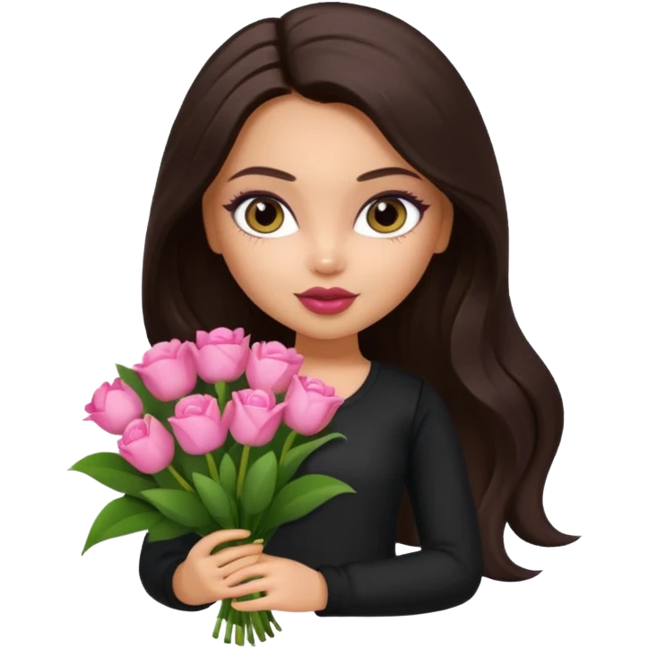  pretty bratz doll with makeup with dark top, long dark brown hair holding big bouquet of flowers  emoji