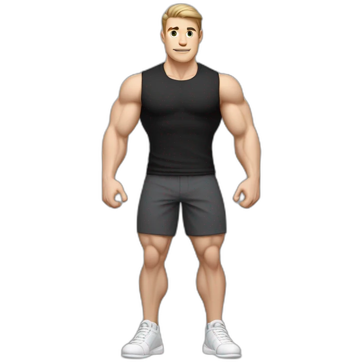 Pale skinned Fit Man With the biceps and dark brown hair in black shirt, gray sports shorts and white Sneakers emoji