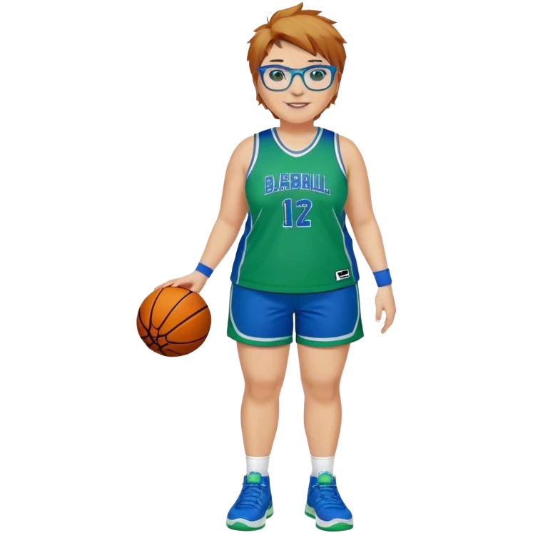 Full Body plus size white female basketball player with short light brown hair with carmel highlights spike hair wearing blue glasses 
 wide nose wearing blue green uniform  green sneakers smiling  emoji