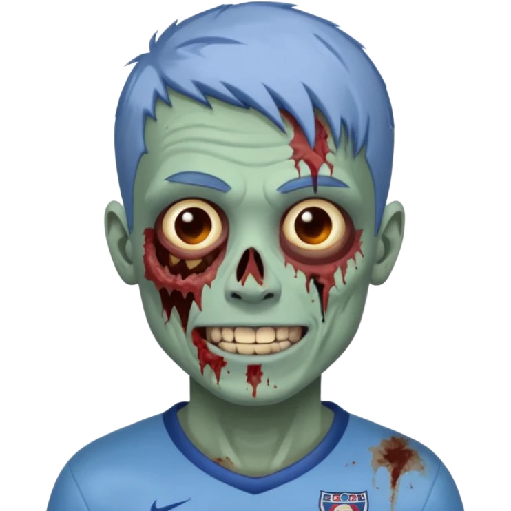 я мужчина, цвет волос пепельно синий, стрижка как у футболиста Yamal сделай меня в стиле зомби и ещё сделай с Улыбкой крутой emoji