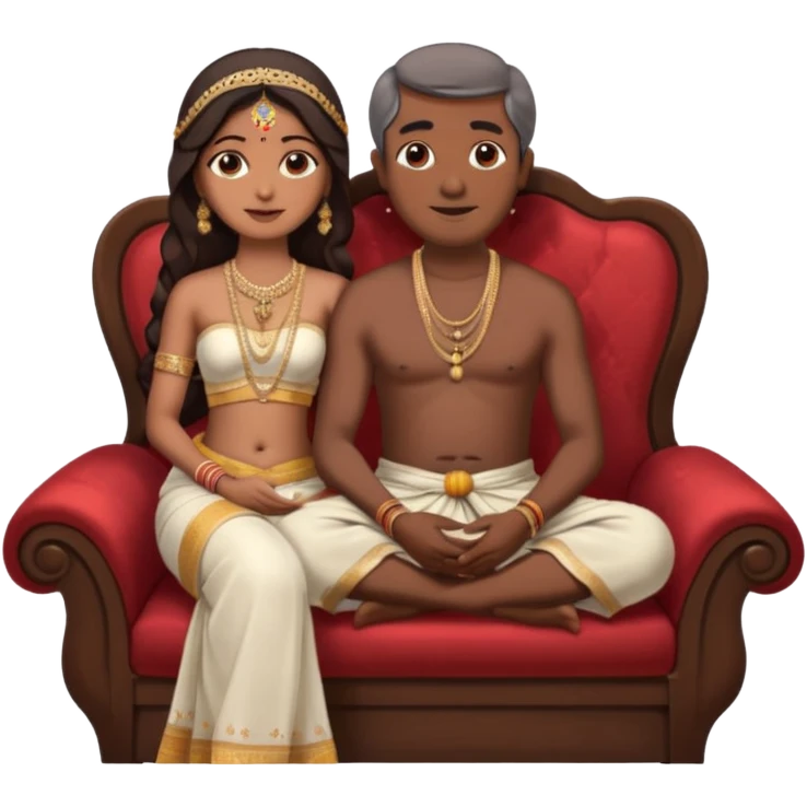 an indian bride sitting on her fathers lap. father is wearing a dhoti, shirtless and sitting on a chair emoji