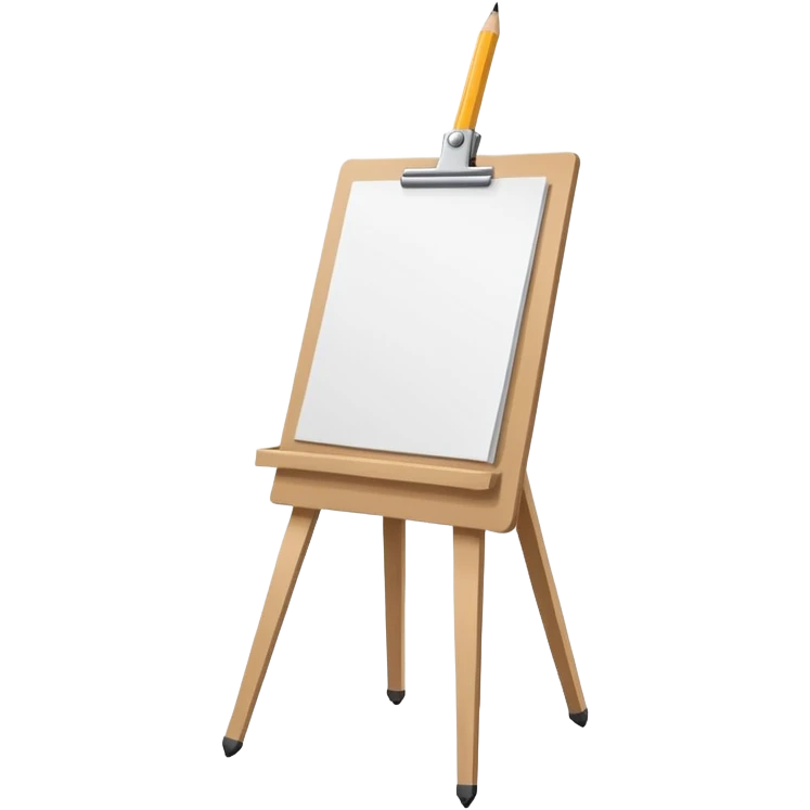 Minimalistic flat vector icon, iOS style, thin black contour on white background. Easel with a paper sheet and a pencil leaning against it. No text, no shadows emoji