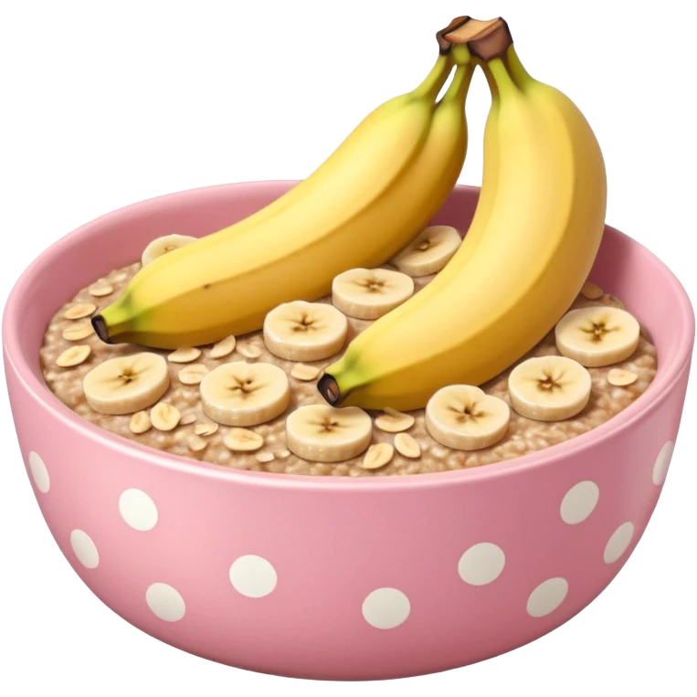 banana baked oats in a bowl like oat meal with a couple banana slices on top that look a little bit caramelised and a light pink bowl with white polka dots please with NO whole banana on top just slices  emoji