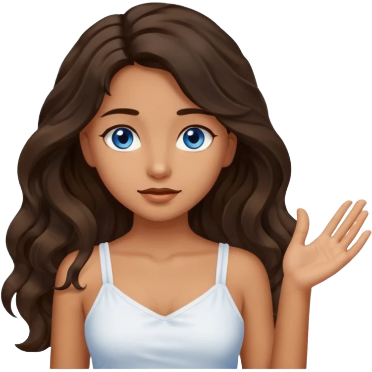 Girl with olive skin, blue eyes, brown dark insanely wavy long hair, white camisole, left hand palm flat emoji