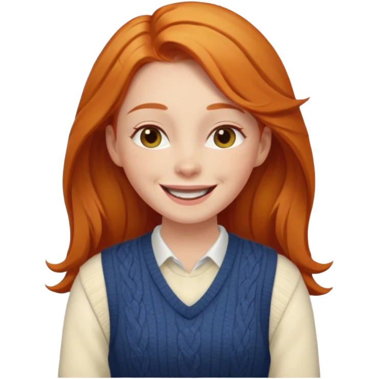 Gorgeous Ginger girl laughing with head tilted back happily wearing cream sweater vest emoji