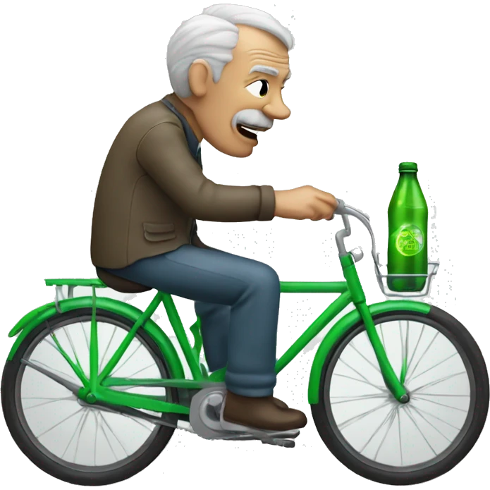 Old man drinking green soda on a bike in the city  emoji
