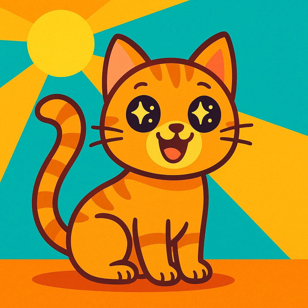 cute cartoon-style cat sitting with big sparkling eyes, wide smile, tail up and curling in joy, sunny background, bright colors, vector style emoji