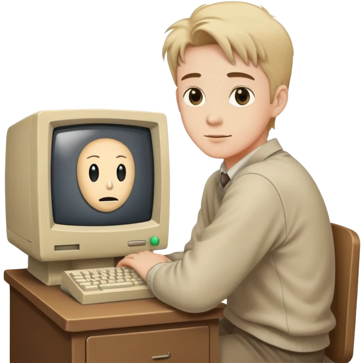 Young man sitting at a very old desktop computer from the 1990s with CRT monitor and beige tower emoji