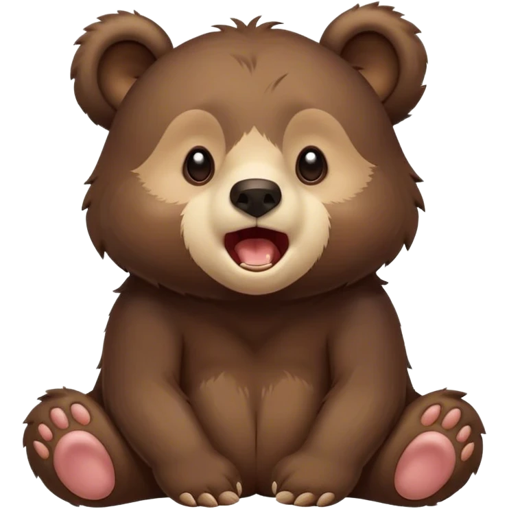 Cinematic Cute Yawning bear cub Portrait Emoji, Head tilted slightly with a dramatic, wide-open yawn, showcasing a soft, plush dark brown fur with drooping ears, round eyes barely open in drowsy contentment, Simplified yet irresistibly adorable features, highly detailed, glowing with a soft, cozy glow, high shine, relaxed yet expressive, stylized with a touch of woodland charm, bright and endearing, soft glowing outline, capturing the essence of a sleepy yet affectionate bear cub, so drowsy it feels like it could lumber out of the screen and curl up for a nap! emoji