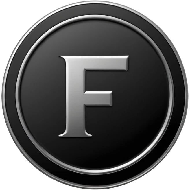Emoji icon of a black coin with engraved letter F, minimalist style, isolated, only black color emoji