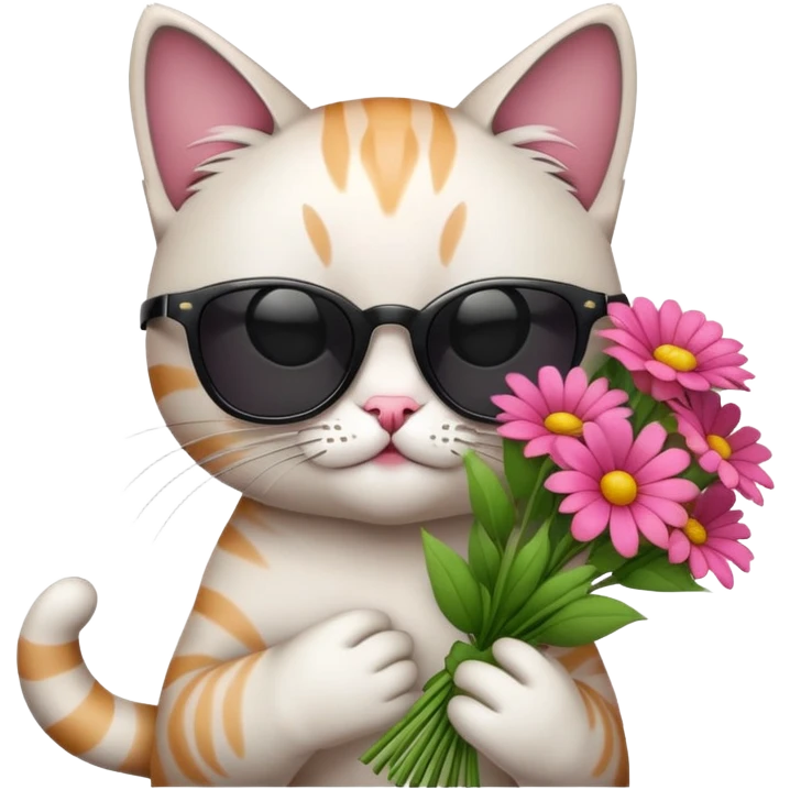 cat wearing sunglasses holding a bouquet of flowers emoji