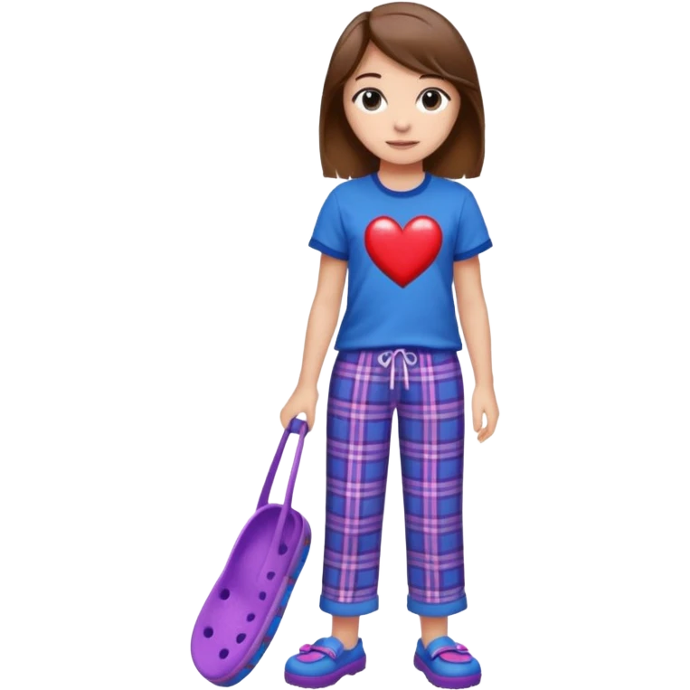 a floating purple heart next to a girl with brown hair armpit level that is straight wearing a star boy shirt and red plaid pj pants and blue crocs emoji