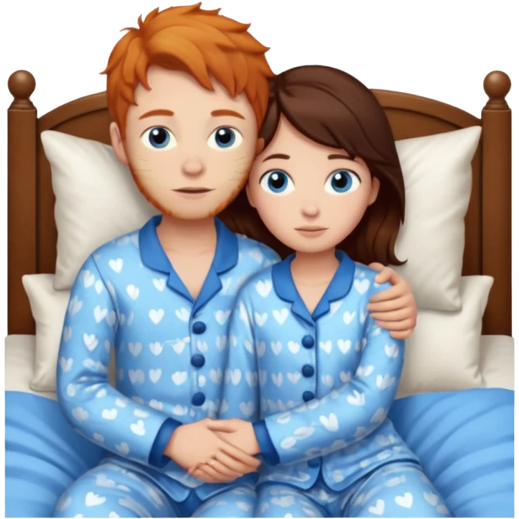 Ginger boy hugging girl with very dark brown hair. Both have blue eyes. They are in bed.  emoji