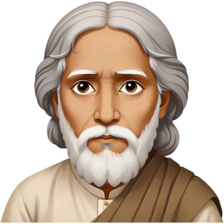 Rabindranath Tagore – Cinematic Realistic Portrait of Rabindranath Tagore, depicted with thoughtful, soulful eyes and gentle features, dressed in traditional Bengali attire with subtle artistic motifs, bathed in warm, soft lighting that evokes his poetic genius and timeless wisdom. emoji