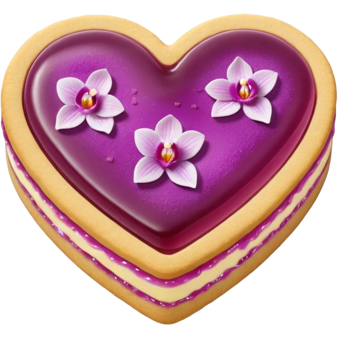 Realistic shortbread cookie in the shape of a heart with orchid color jelly middle filling and sprinkled powder sugar on top. emoji