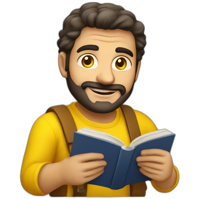 Armenian men with the yellow clothes reading book and looking at camera and smiling  emoji