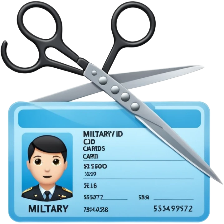 Floating black Scissors cutting a light blue military ID card in 2 parts .hyper realistic emoji