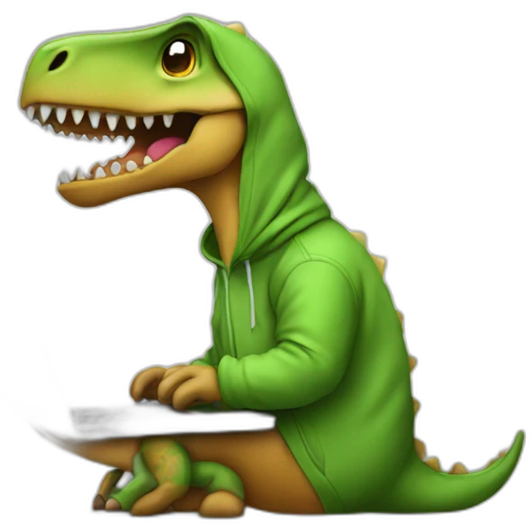 dinosaur working on a laptop with a hoodie emoji