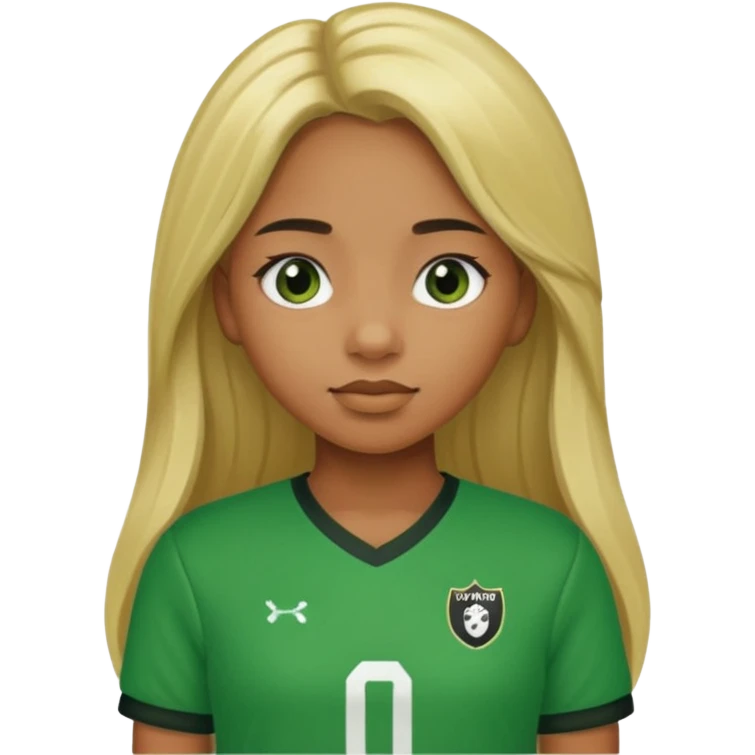 A caramel brown girl with black eyes and long blond hair with a green football shirt emoji