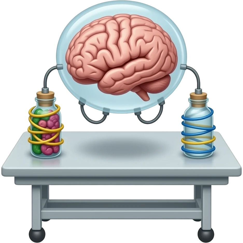 steampunk style - a brain placed in medical preparations that is connected to an electrical circuit, a glass jar wrapped in high-voltage wires floats above the autopsy table emoji