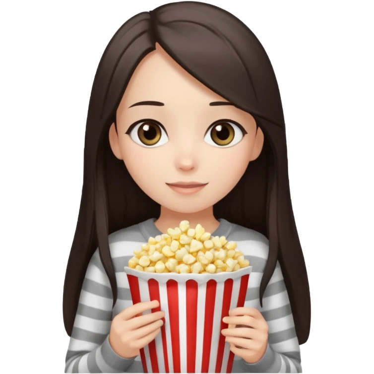 girl with dark brown straight long hair, striped light sweater, gray eyes, holding popcorn in her hands emoji